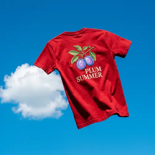 Vibrant Red Shirt with Plum Design | Unique Flying Scene