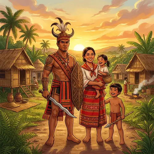 Filipino Warrior and Family in Charming Village Scene