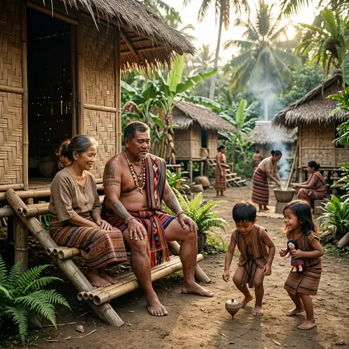 Filipino Warrior Family Scene in Traditional Village
