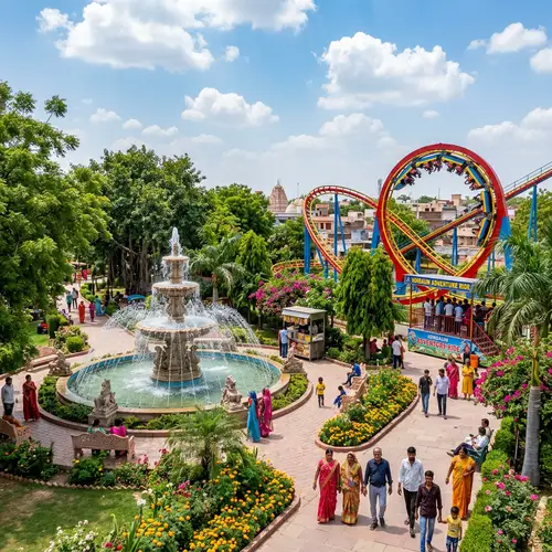 Vibrant City Park in Hindaun with Roller Coaster and Water Fountain