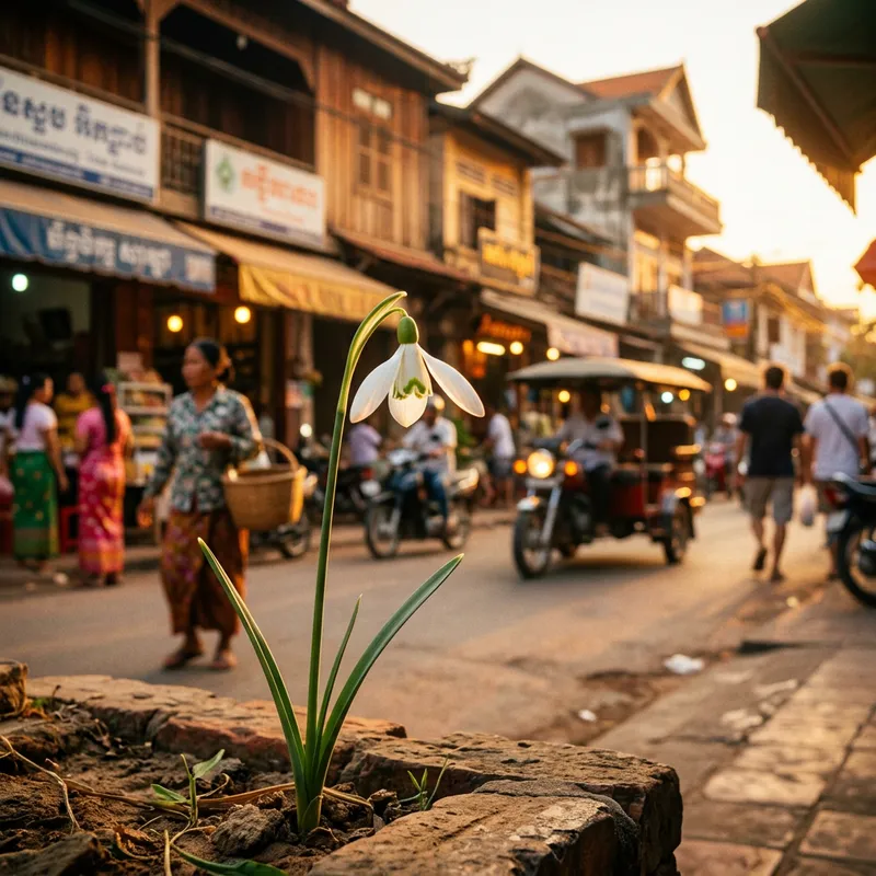 Delicate Snowdrop Flower in Cambodia Streets at Golden Hour