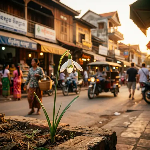 Delicate White Snowdrop Flower in Cambodia Streets