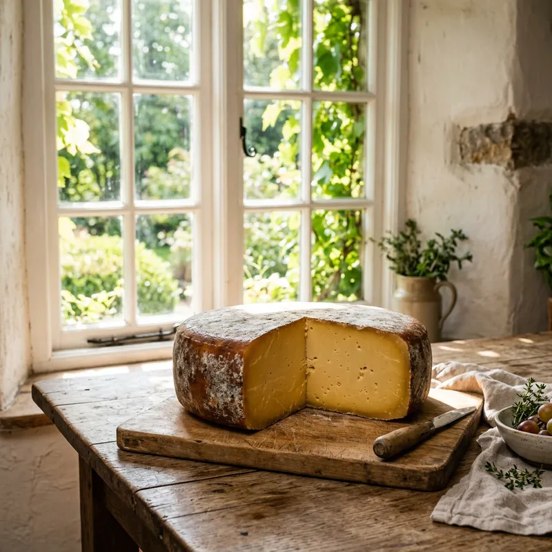 Rich and Creamy Yellow Cheese Wheel on Rustic Table Rich and Creamy Yellow Cheese Wheel on Rustic Table