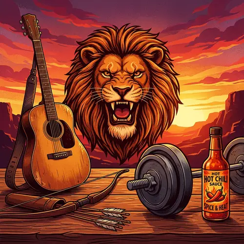 Masculinity and Virility: Lion, Barbell, Chili, Arrow & Guitar
