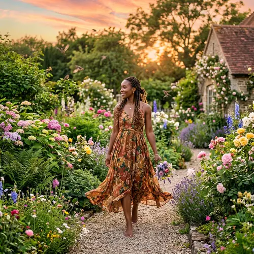 Elegant Black Woman in Flowing Dress at Sunset Garden