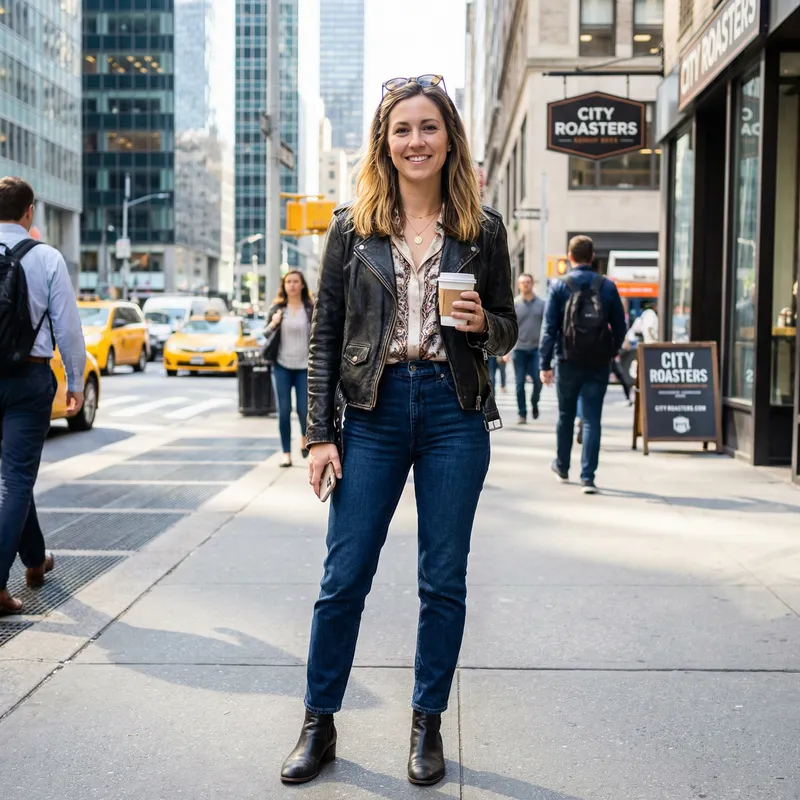Chic City Style: 30-Year-Old Woman in Sunlit Urban Scene