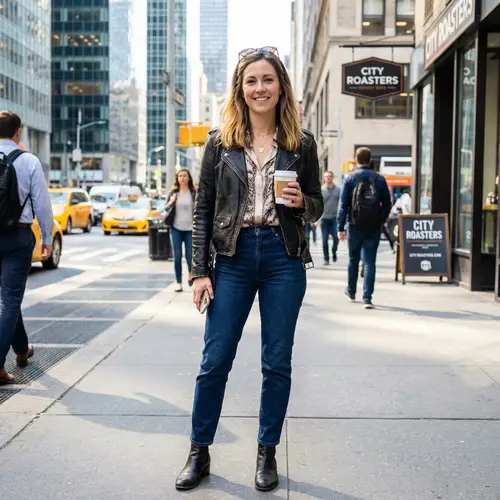 Chic City Style: 30-Year-Old Woman in Sunlit Urban Scene
