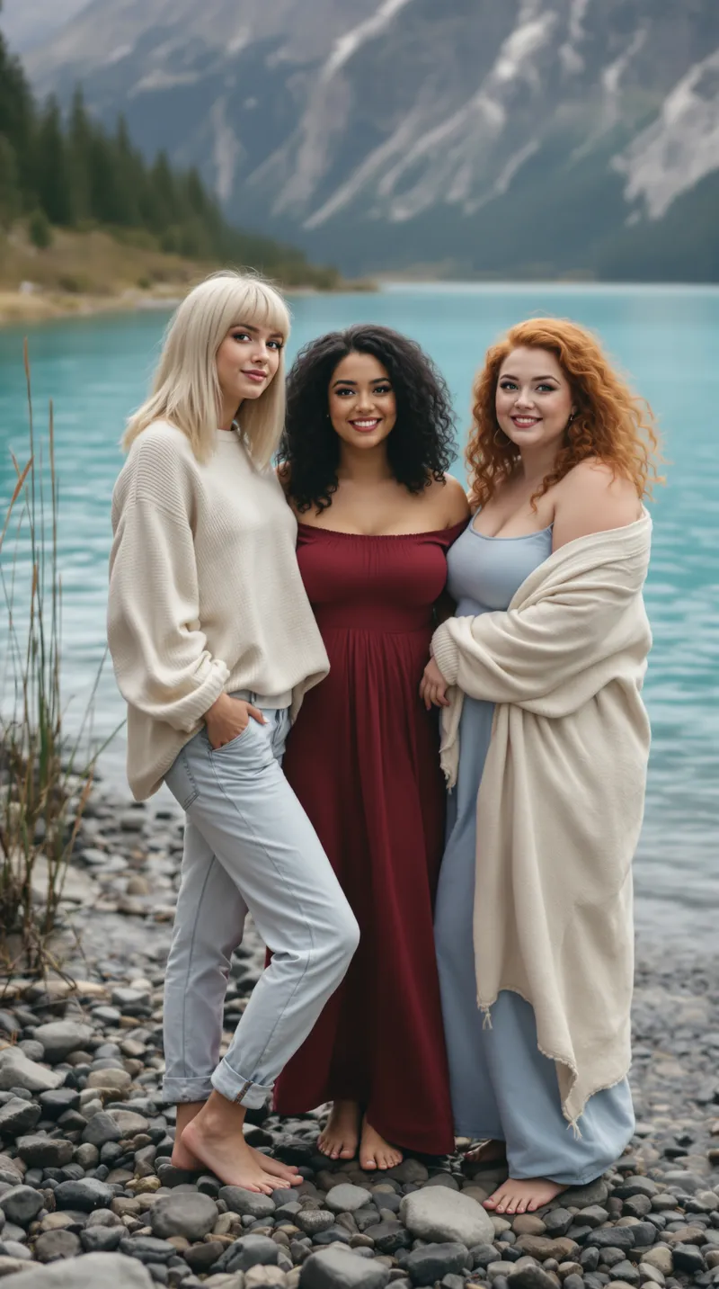 Three Women by a Crystal-Clear Mountain Lake Three Women by a Crystal-Clear Mountain Lake