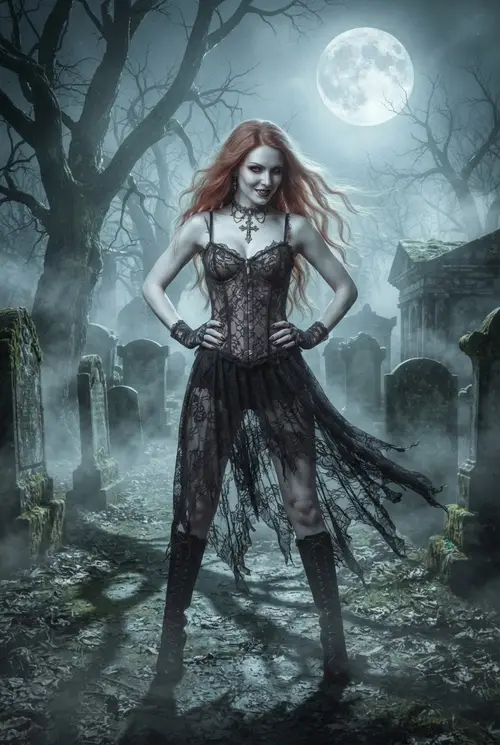 Enchanting Redhead Vampire in Misty Cemetery