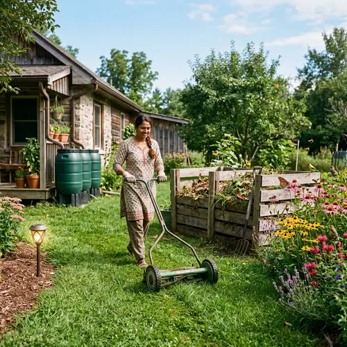 Sustainable Lawn Care: Manual Reel Mower, Compost Bin & Rain Barrels