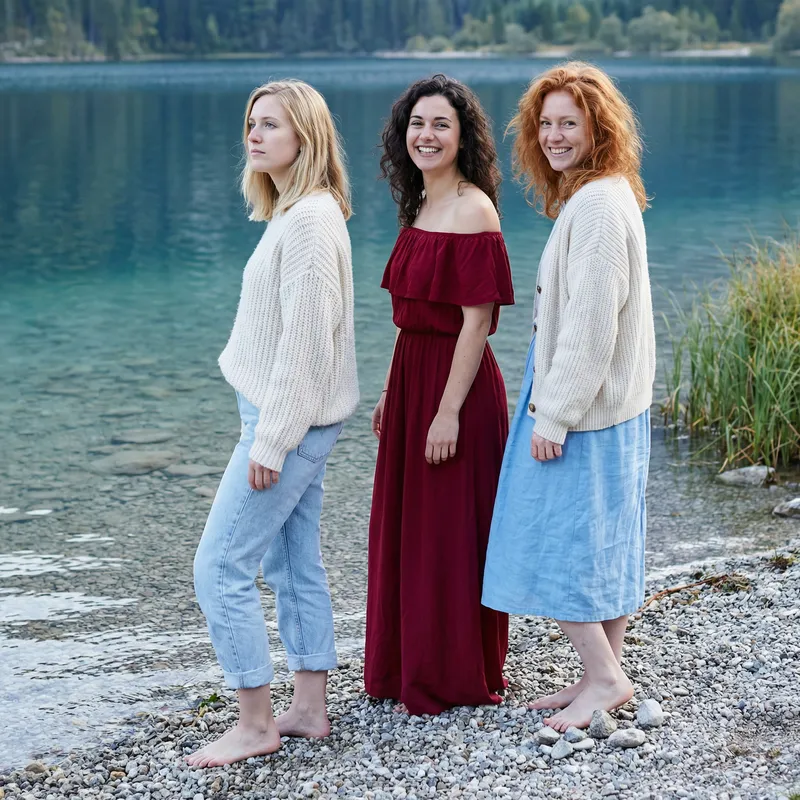 Three Women by a Crystal-Clear Mountain Lake