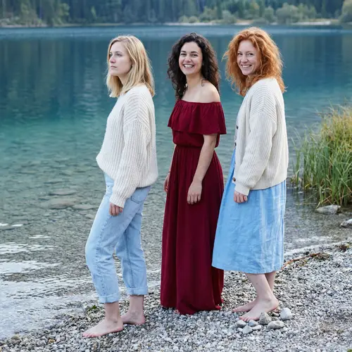 Three Women by a Crystal-Clear Mountain Lake