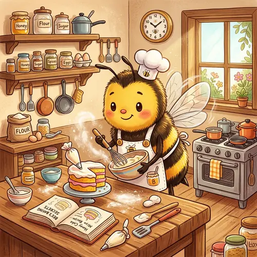 Humorous Cartoon Bee Chef Baking Cake in Colorful Kitchen Setting