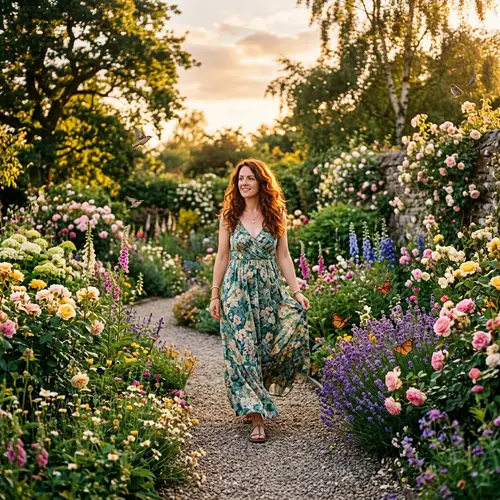 Irish Woman in Long Dress Strolling in Lush Summer Garden