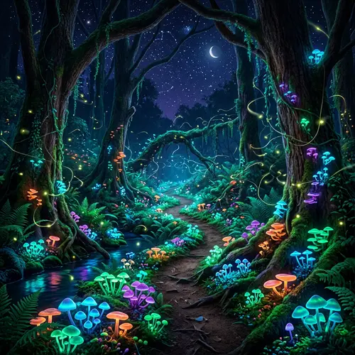 Magical Forest Night Glow | Neon Fantasy Landscape