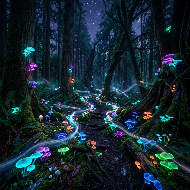Enchanted Forest with Glowing Mushrooms | Neon Night Scene Enchanted Forest with Glowing Mushrooms | Neon Night Scene