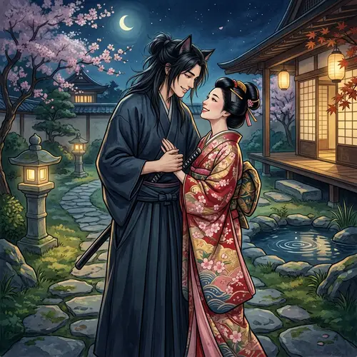 Romantic Couple Interaction in Feudal Japan Attire