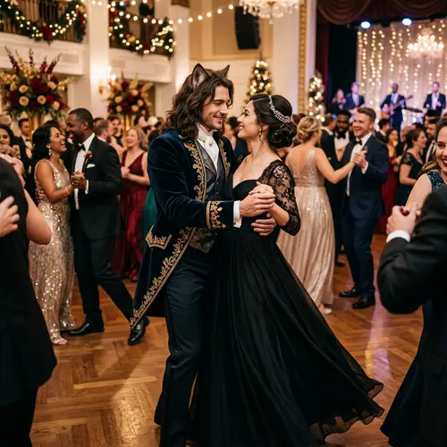 Elegant Male Character with Catlike Ears and Long Hair - Romantically Poses with Woman in Black Dress at Party