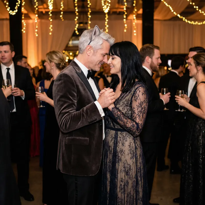 Tender Romance: Silver-Haired Man & Elegant Black-Haired Woman Tender Romance: Silver-Haired Man & Elegant Black-Haired Woman