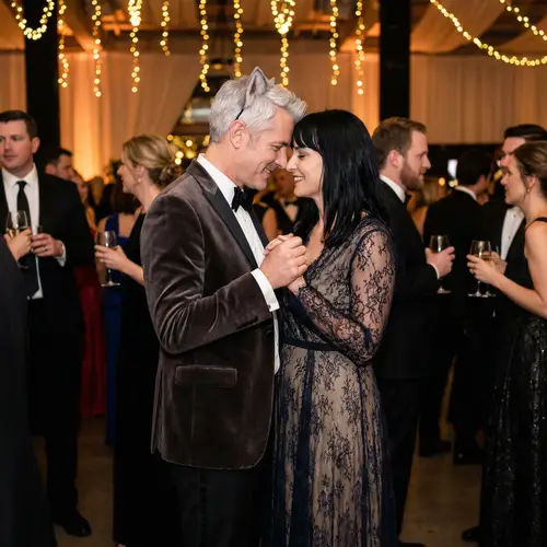Romantic Silver-Haired Man and Black-Haired Woman at Joyful Party