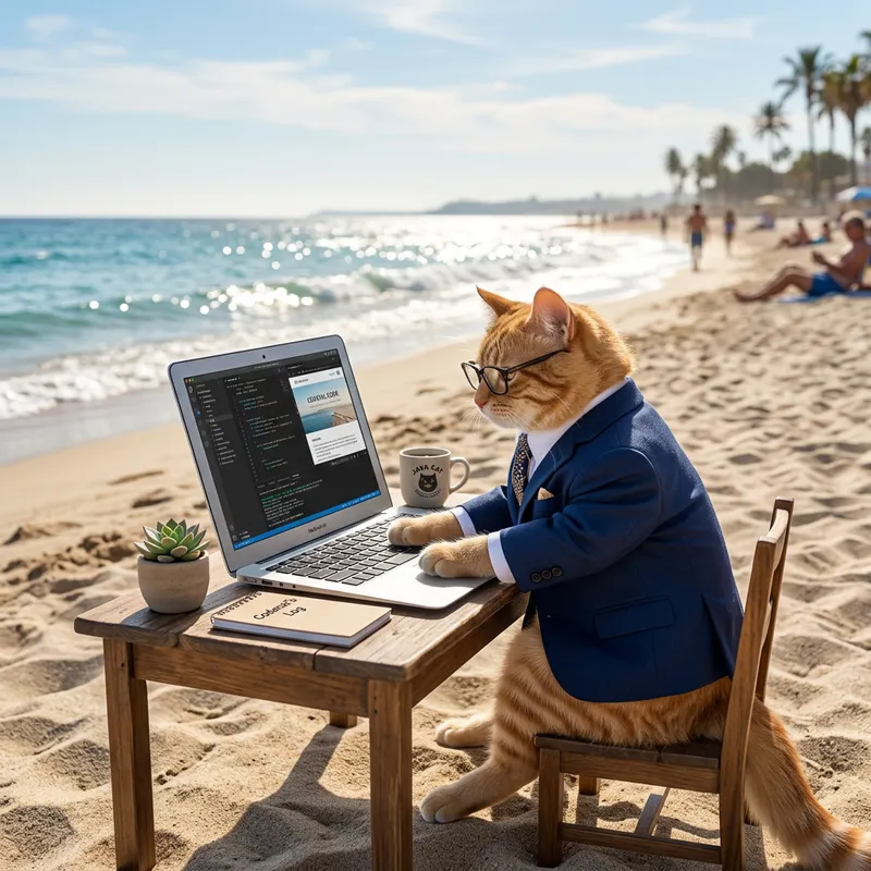 Business Cat #1 IT Employee | Beach Laptop Work