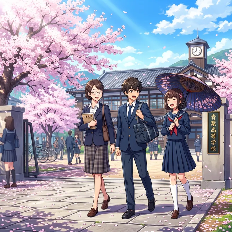 Traditional Japanese High School Anime Scene | Sakura Blossoms & Characters
