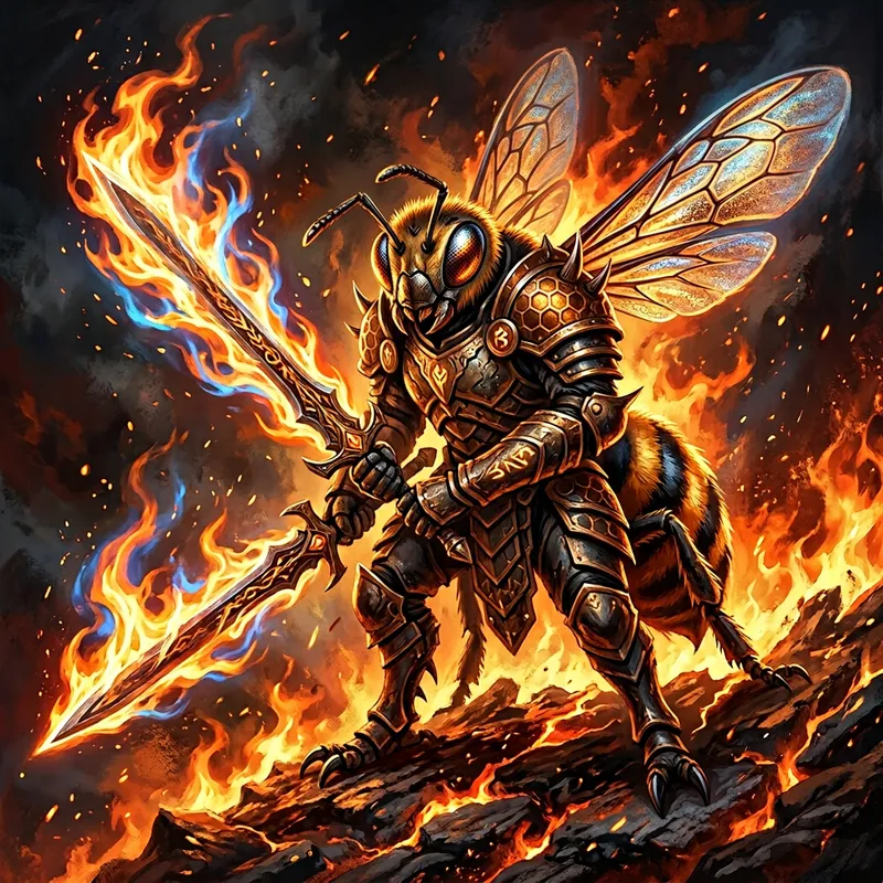 Majestic Bee Warrior with Flame-Sword