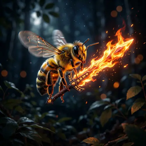 Magical Bee with Fiery Sword - Enchanting Fantasy Art