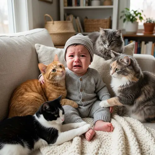 Upset Infant Comforted by Cats - Heartwarming Scene