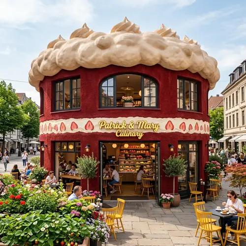 Modern Two-Storey Cake Restaurant with Red Velvet Walls