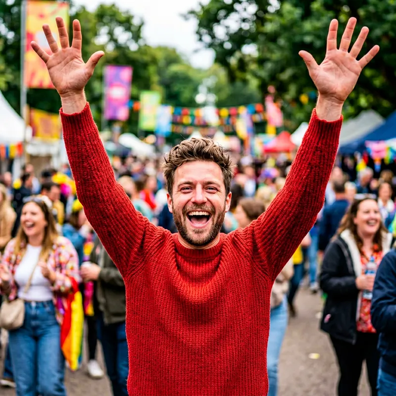 Joyful Man in Red Sweater with Hands Up