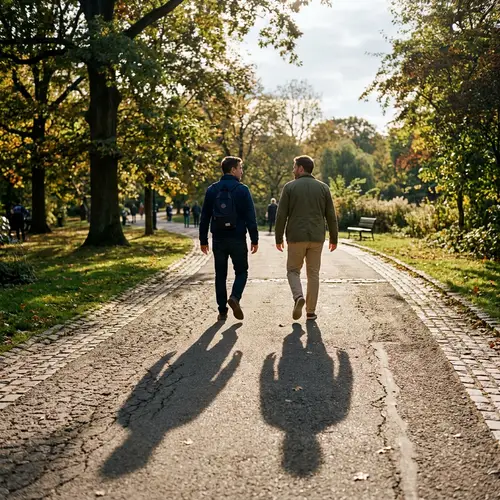 Two Men Walking with Shadows