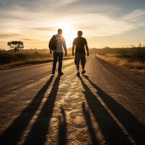 Two Men Walking with Shadows