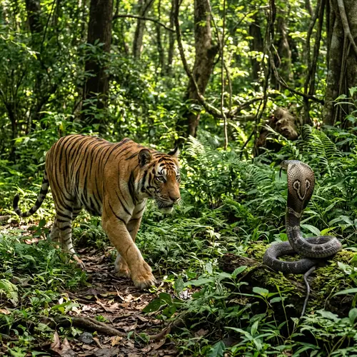 Tiger and Cobra Encounter in Lush Jungle | Wildlife Scene