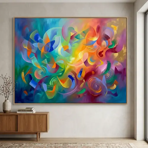 Large Abstract Canvas Oil Painting with Tranquil Rainbow Colors