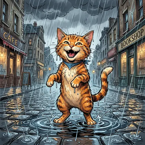 Comic Cat in Rain | Illustrated Joyful Feline Art