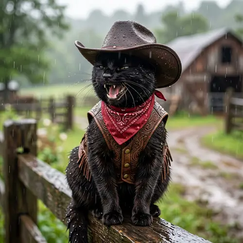 Laughing Dark Cat in the Rain with Cowboy Outfit