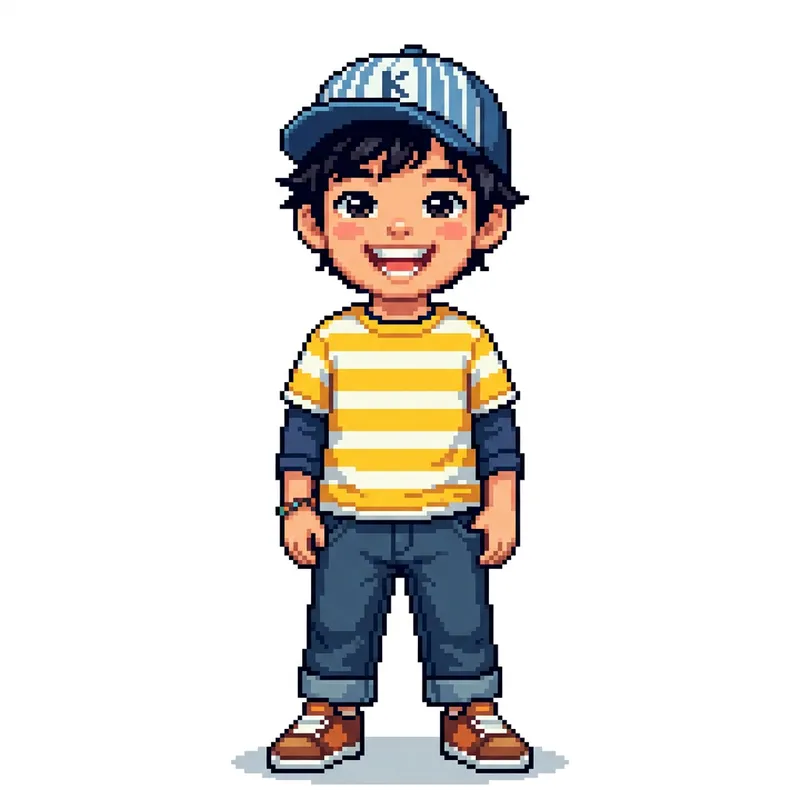 Pixel Art Cute Asian Boy Portrait with Stylish Hat