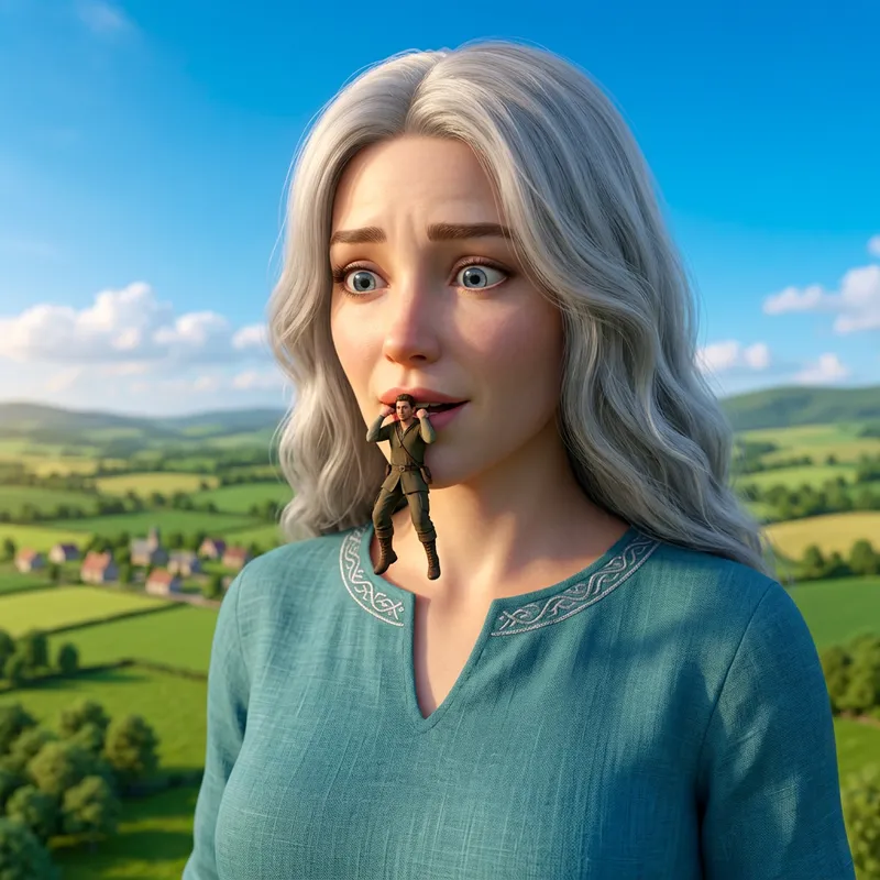 Surreal Encounter: Giantess and Unharmed Figure Under Azure Sky