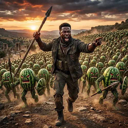 Angry Black Guy with Watermelon Army - Unique Image