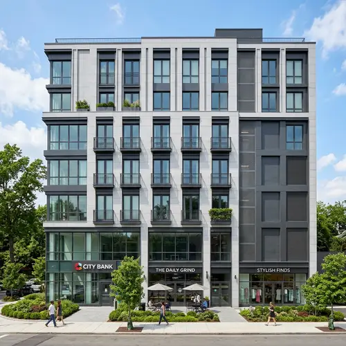 Contemporary Mixed-Use Building with Green Surroundings