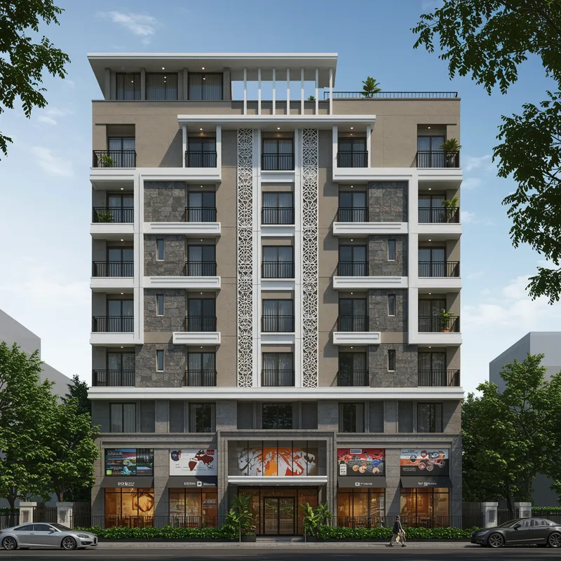 Contemporary Mixed-Use Building with Green Surroundings Contemporary Mixed-Use Building with Green Surroundings