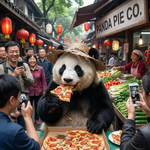 Panda Enjoying Pizza at the Market