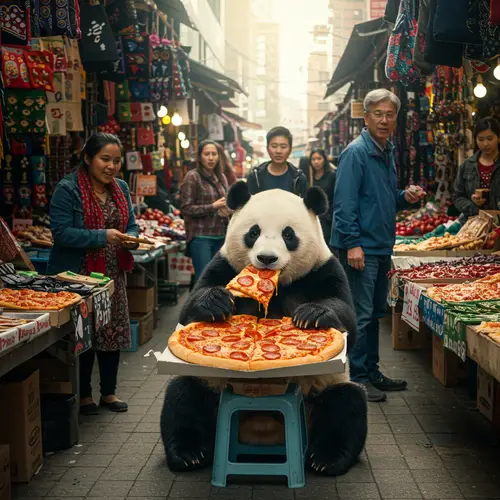 Panda Enjoying Pizza at the Market