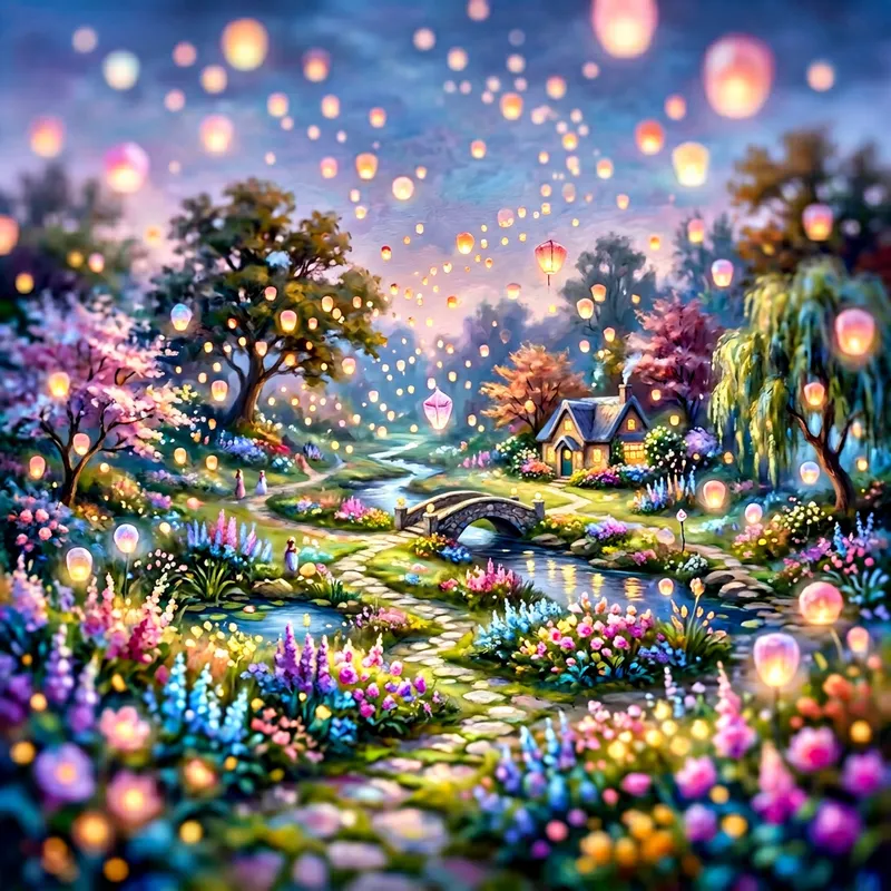 Mystical Garden of Floating Lanterns and Glowing Flowers