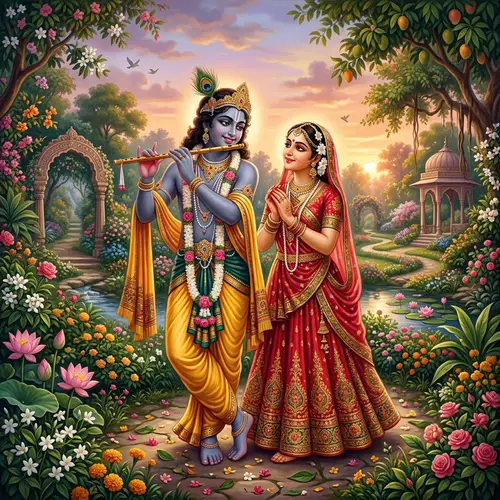 Radha Krishna Image in Verdant Garden - Divine Harmony Captured