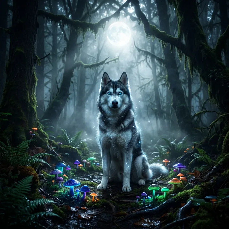 Mystical Husky in Enchanted Forest | Moonlit Magic Scene Mystical Husky in Enchanted Forest | Moonlit Magic Scene