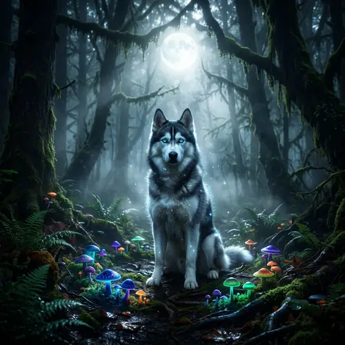 Enchanted Husky in Mystical Forest | Psychedelic Moonlight Scene