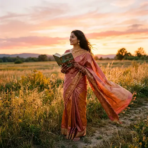 South Asian Woman in Traditional Sari | Sunset Field Image