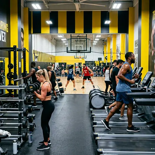 Diverse Gym Scene with Weightlifting, Jogging, and Basketball Activities